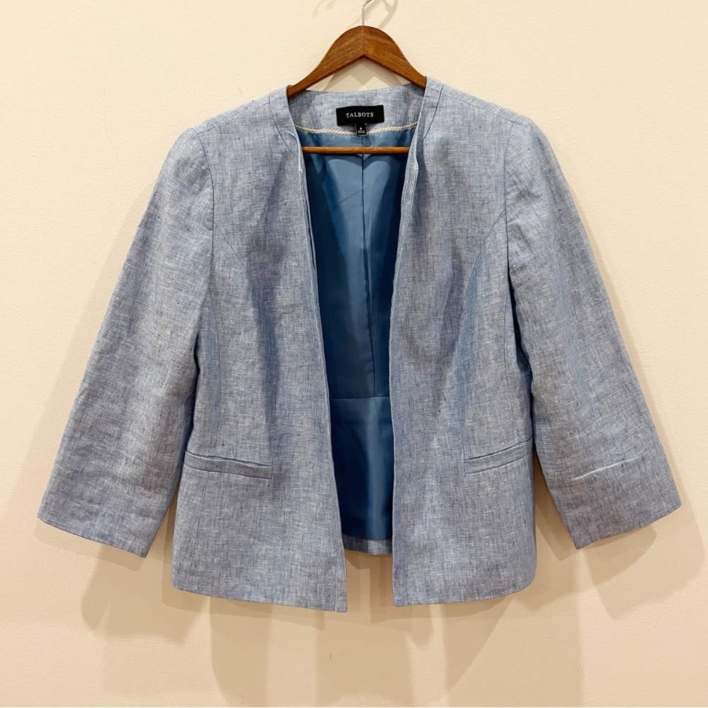 Talbots Linen Chambray Blazer Womens 8 Blue Lined 3/4 Sleeve Open Front Career